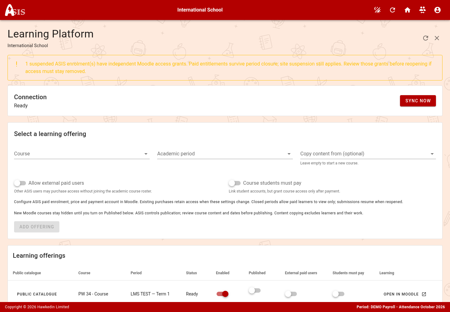 Learning Platform controls in a demonstration school
