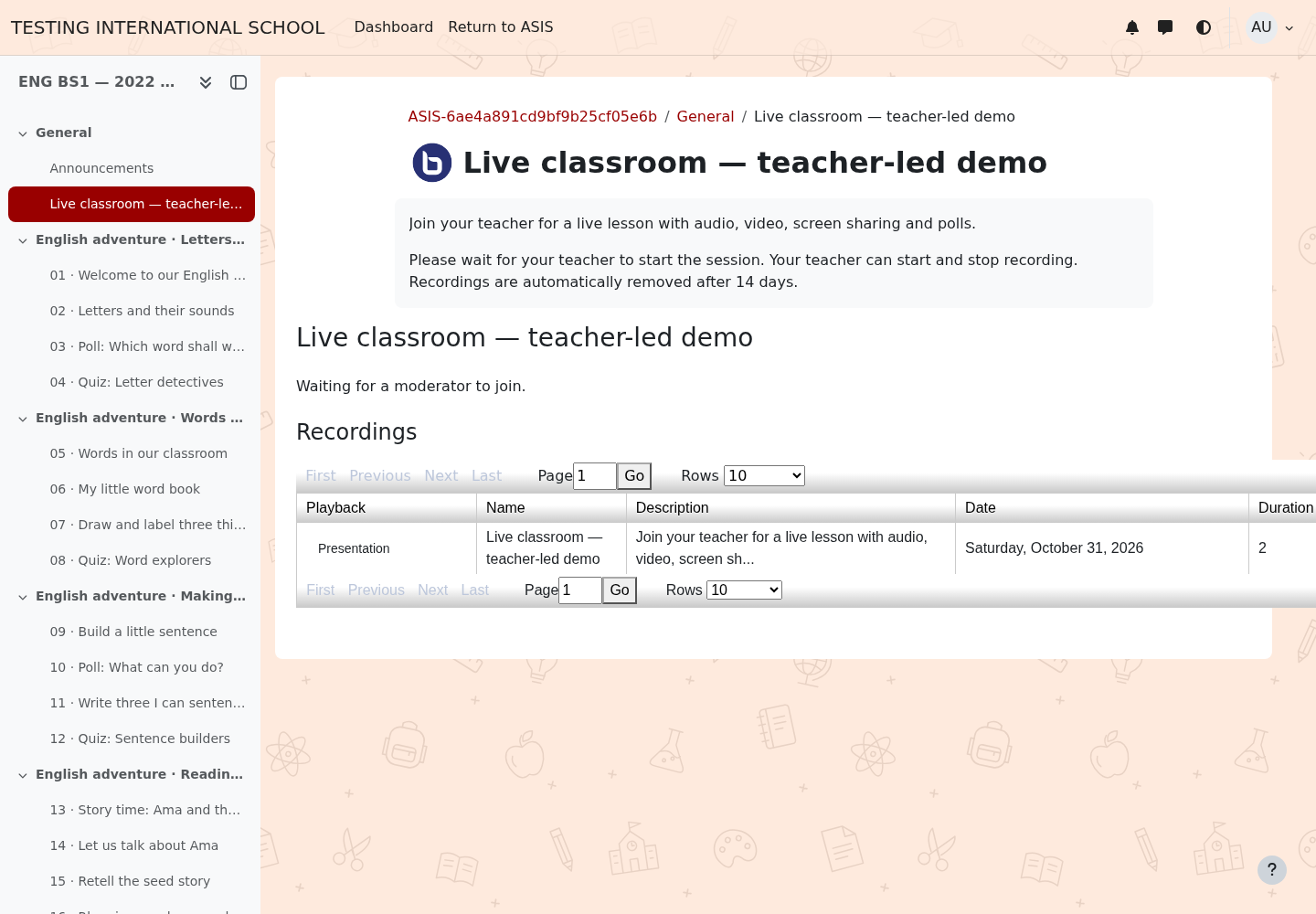 A demonstration Moodle live-class activity